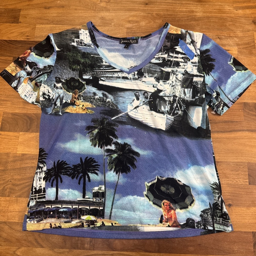 Jessica Max Women's Large Y2K All Over Print Top Beach Palm Tree Boat Graphic